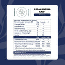 Tabla de la Astaxantina NAD+: porción de 2 cápsulas, 30 porciones, 8 mg de astaxantina y 500 de NAD+