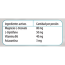 Ingredientes activos del Mag Max Brain: L-treonato, L-triptófano, vitamina B6 y astaxantina