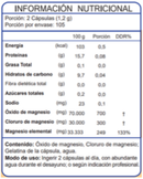 Tabla nutricional del Cloruro de Magnesio de 210 cápsulas: porción de 2 cápsulas, 105 porciones, 249 mg de magnesio elemental