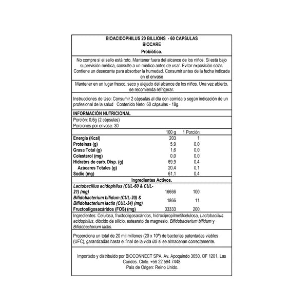 Probióticos BioAcidophilus 20 Billones 60 Caps - Bio Care