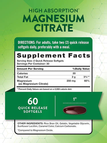 Citrato de Magnesio High Absorption 250mg 60 Cápsulas Blandas - Nature's Truth
