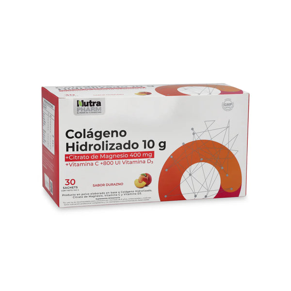 Colágeno Hidrolizado 10gr + Citrato de Magnesio 400mg + Vit C y Vit D3 800UI Sabor Durazno 30 Sachets - Nutrapharm