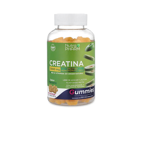 Frasco de Creatina 3.000 mg en gomitas de Nutrapharm, 90 gomitas sabor manzana y 225 g netos