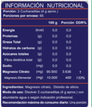 Tabla nutricional del Magnesio Citrato en polvo: porción de 2 cucharaditas, 65 porciones, 400 mg de magnesio elemental