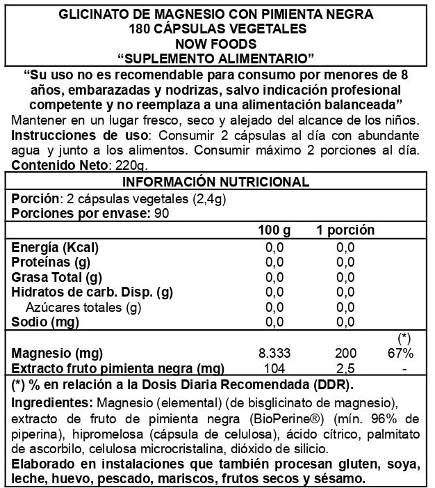 Glicinato de Magnesio con Biopiperina 180 Cápsulas Vegetales - Now