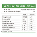 Tabla del Aceite de Orégano Gold: porción de 20 gotas, 1 ml, y 10 porciones por envase