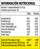 Tabla del Omega 3 Vegan VG UP: 1 cápsula blanda de 1,47 g, 30 porciones, 1.000 mg de aceite de microalgas y 530 mg de DHA