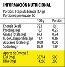 Tabla del Omega 3 UP EPA TG700: 1 cápsula blanda de 1,4 g, 60 porciones, 500 mg de EPA y 200 de DHA