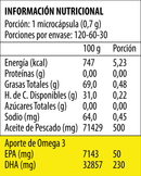 Tabla del Omega 3 UP Junior: 1 microcápsula de 0,7 g, 500 mg de aceite de pescado, 230 de DHA y 50 de EPA