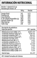 Tabla del Probiotix High Potency: 1 cápsula de 0,51 g, 30 porciones y 12 cepas que suman 50 x 10⁹ UFC