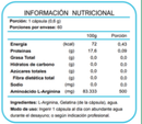 Tabla nutricional de la L-Arginina: porción de 1 cápsula, 60 porciones, 500 mg de L-arginina