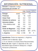 Tabla nutricional del Magnesio Quelado: porción de 2 cápsulas, 30 porciones, 651 mg de magnesio elemental