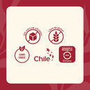 Sellos del Multivitamínico: sin azúcar añadida, libre de gluten, GMO free y producto chileno