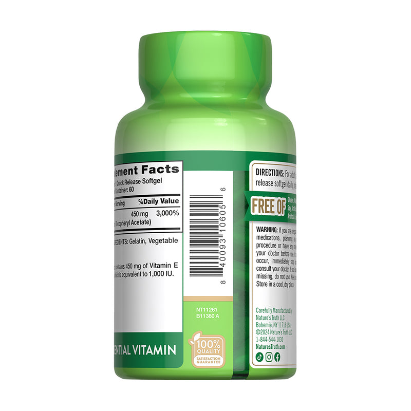 Vitamina E High Potency 1000UI 450mg 60 Cápsulas Blandas - Nature's Truth