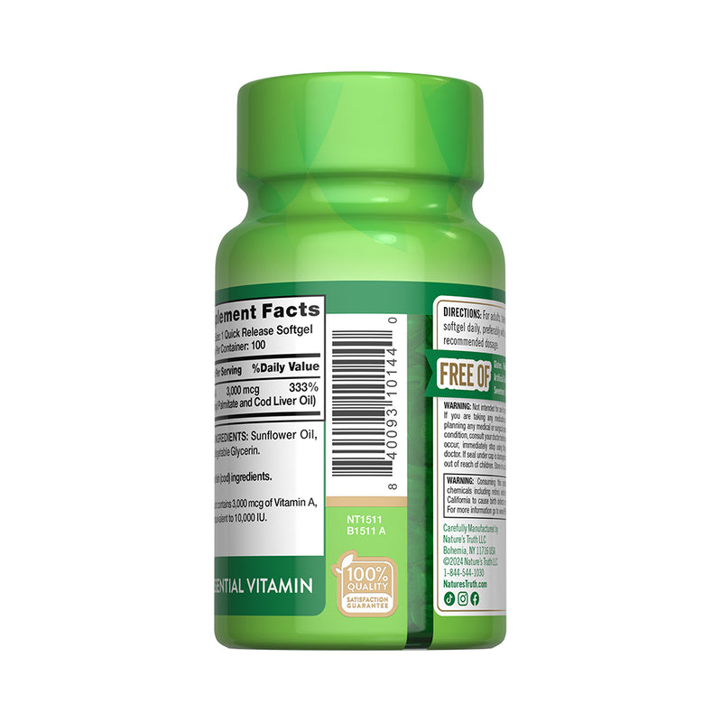 Vitamina A High Potency 10.000UI 3.000mcg 100 Cápsulas Blandas - Nature's Truth