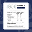 Tabla del Omega 3 Plus: porción de 2 cápsulas de 2,8 g, 30 porciones y 2000 mg de aceite de pescado
