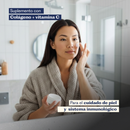 Mujer aplicándose crema junto al texto del Colágeno con vitamina C para el cuidado de la piel