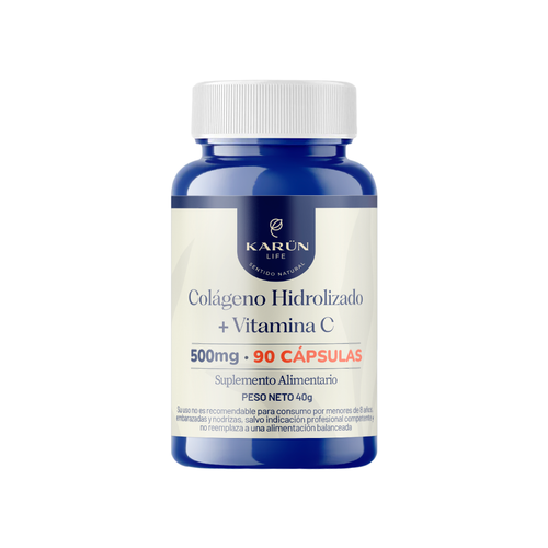 Frasco de Colágeno Hidrolizado más Vitamina C 500 mg de Karün Life, 90 cápsulas y 40 g netos para 45 días