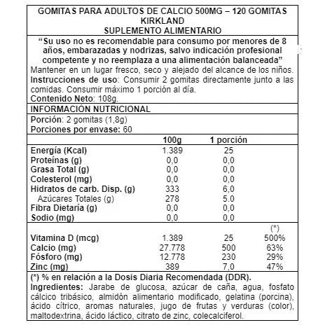 Adult Calcium Gummies 500mg (con D3 y Zinc) 180 Gomitas - Kirkland Signature