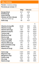 Tabla nutricional de Multi Men: porción de 2 tabletas de 2,52 g, con 13 vitaminas y 6 minerales