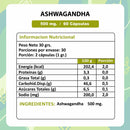 Tabla de la Ashwagandha: 30 g de peso neto, 30 porciones de 2 cápsulas y 500 mg de ashwagandha
