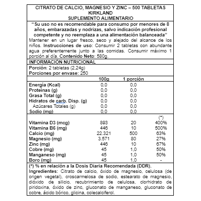 Calcio, Magnesio y Zinc 500 Tabs - Kirkland Signature
