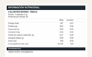 Tabla nutricional del Calostro Bovino: porción de 2 cápsulas, 30 porciones y 200 mg de inmunoglobulina IgG