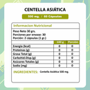 Tabla nutricional de la Centella Asiática: 30 g de peso neto, 30 porciones de 2 cápsulas y 500 mg de centella asiática