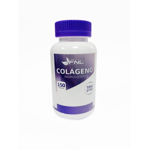 Frasco de Colágeno Hidrolizado tipo I y III de Laboratorio FNL, 150 cápsulas para 75 días