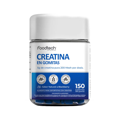 Frasco de Creatina en Gomitas de Foodtech, 150 gomitas sabor blackberry y 330 g para 30 porciones