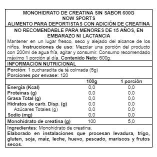 Creatina Monohidratada en Polvo 120 Porciones 600gr - Now