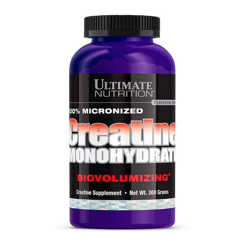 Frasco de Creatine Monohydrate 100% micronizada de Ultimate Nutrition, 300 g de polvo para 60 días