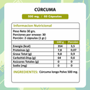 Tabla nutricional de la Cúrcuma: 30 g de peso neto, 30 porciones de 2 cápsulas y 500 mg de cúrcuma longa en polvo