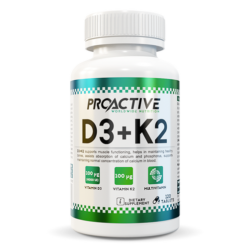 Vitaminas D3 + K2 de Proactive, 100 mcg o 4000 UI de vitamina D3 y 100 mcg de K2, 120 tabletas, 120 días