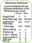 Tabla del Ácido Fólico: porción dosificada de 65 mg, 120 porciones y 500 mcg de ácido fólico
