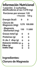 Tabla del Cloruro de Magnesio: porción de 2 cucharitas (1.270 mg), 120 porciones y 150 mg de magnesio elemental