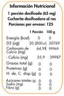 Tabla de la Vitamina D3: porción dosificada de 65 mg, 125 porciones y 20 mcg (800 UI) de vitamina D3