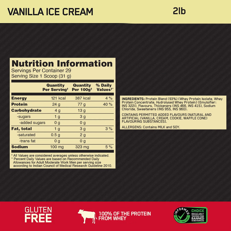 Gold Standard 100% Whey Protein Sabor Vanilla Ice Cream 2lb - Optimum Nutrition