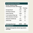 Tabla de la Ashwagandha líquida: porción de 30 gotas, 30 porciones y 1.000 mg de ashwagandha