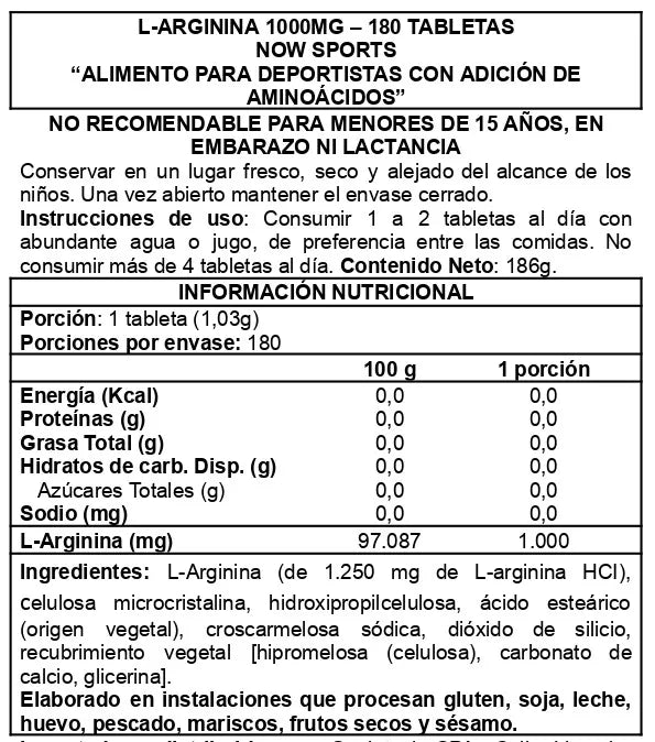 L-Arginina Doble Potencia 1000mg 180 Tabletas - Now