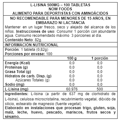 L-Lisina 500mg 100 Tabletas - Now