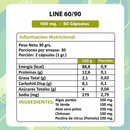Tabla nutricional del Line 60/90: 30 porciones de 2 cápsulas y 100 mg de algas pardas, té verde, aloe vera, chitosán y pectina de pomelo