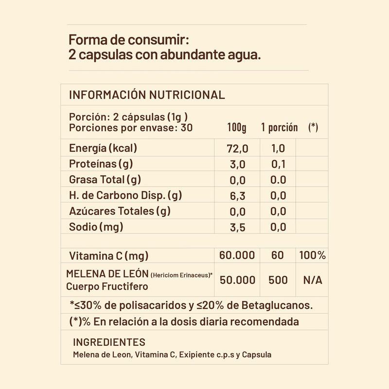 Melena de León con Vitamina C 60 Veg Caps - Karun Life