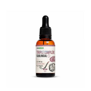 Frasco gotario de Triple Complex Sublingual de NewPharma con melena de león, reishi y cordyceps, 30 ml para 30 días