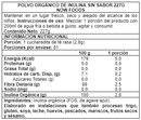Tabla de la Inulina orgánica: 1 cucharadita de té rasa de 2,8 g, 81 porciones y 2,8 g de inulina orgánica
