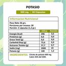 Tabla nutricional del Potasio: 36 g de peso neto, 30 porciones de 2 cápsulas, 1,2 g de potasio y 600 mg de citrato de potasio