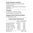Tabla de la Berberina Complex: porción de 2 cápsulas, 30 porciones y 550 mg de berberina