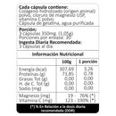 Tabla del Colágeno, Magnesio y Vitamina C: porción de 3 cápsulas, 30 porciones y 123 mg de vitamina C