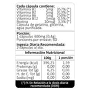 Tabla del Complejo B + Biotina: 1 cápsula de 400 mg, 60 porciones, 5 mg de B1, B2 y B6 y 10 mcg de biotina