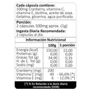 Tabla del Cranberry + Vitamina C: porción de 2 cápsulas, 200 mg de cranberry, 40 mg de vitamina C y 6 mg de vitamina E